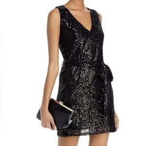 NWT Aqua Sequined Belted Dress Black Sparkle Mini Sleeveless Size-M
